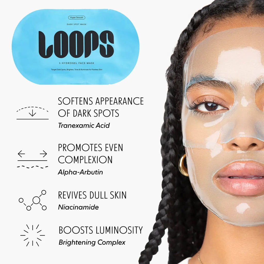 LOOPS Weekly Reset Dark Spot Single Sheet Mask showing a black sheet mask on a white background.