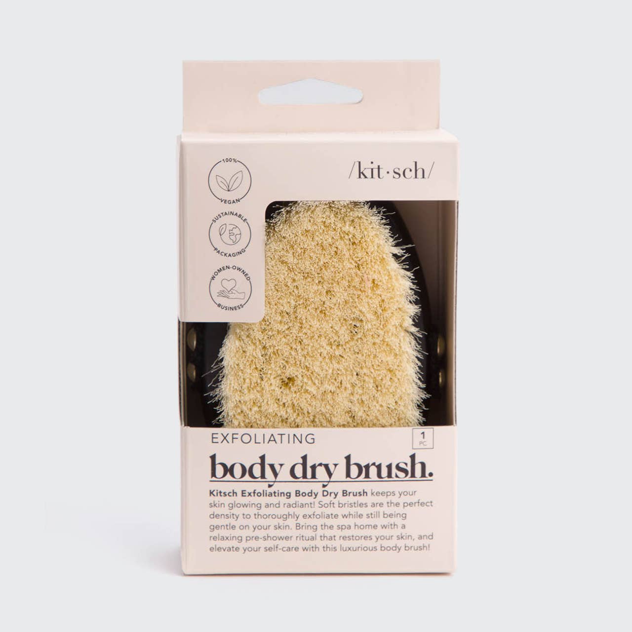 KITSCH exfoliating body dry brush with natural wooden handle and bristles for gentle exfoliation and skin renewal.