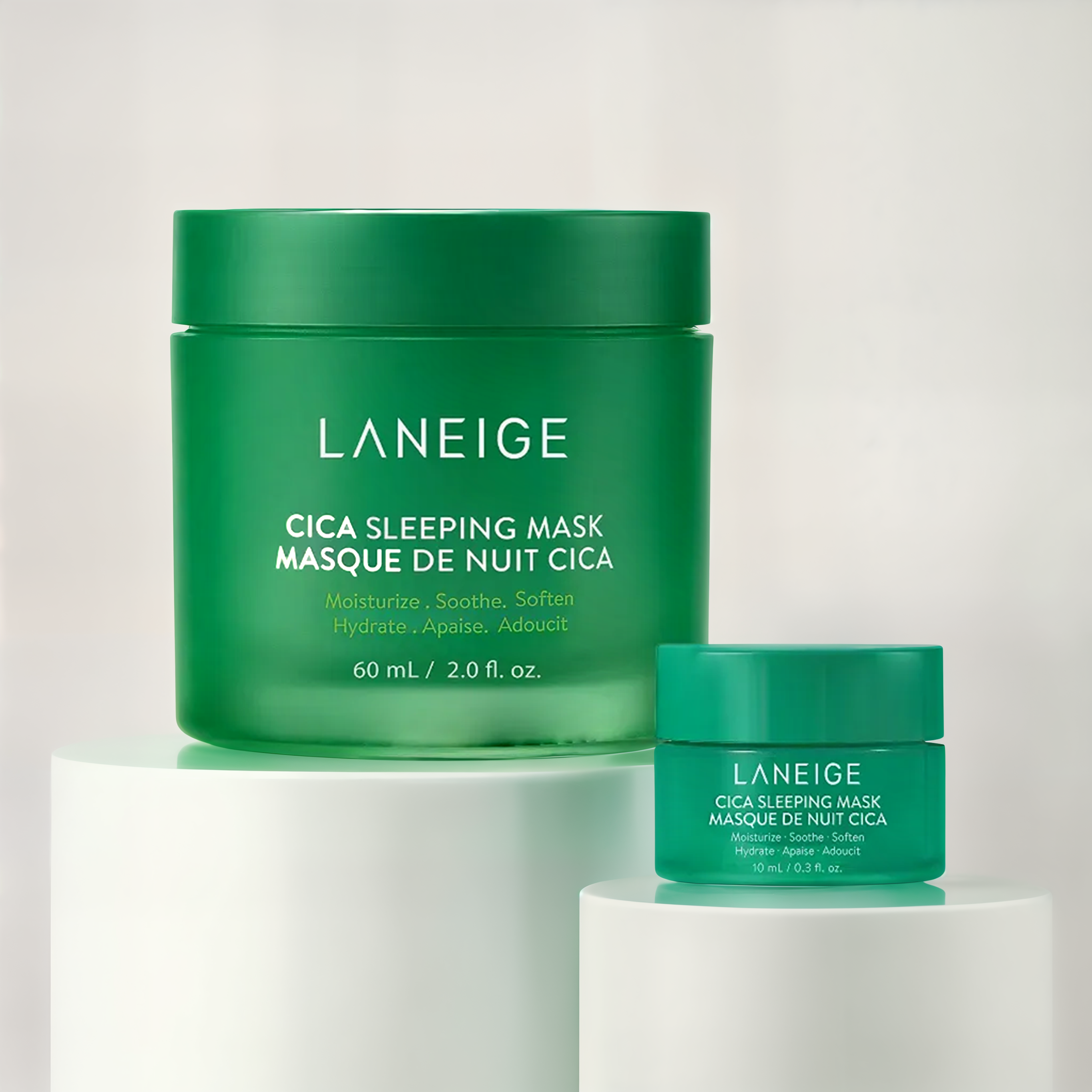 Laneige Cica Sleeping Mask 70ml jar showing the light green, soothing skincare product with white lid and product label.