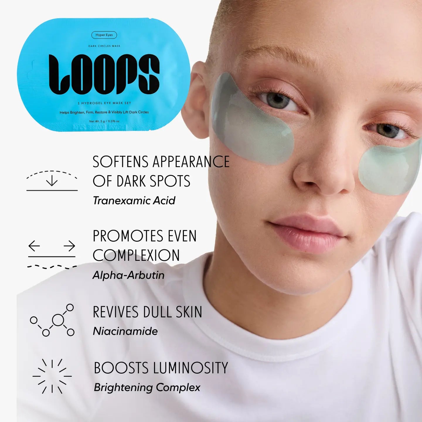 LOOPS Hyper Eyes Dark Spot Hydrogel Eye Mask shown on skin, designed to reduce dark circles and refresh the eye area.