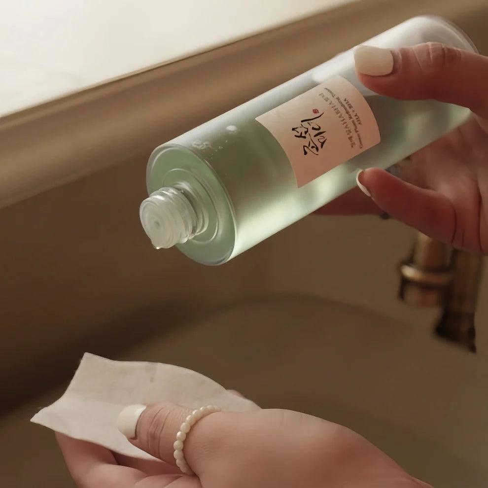 Beauty of Joseon Green Plum Refreshing Toner with AHA and BHA, 150ml, featuring a clear bottle and green plum illustrations.