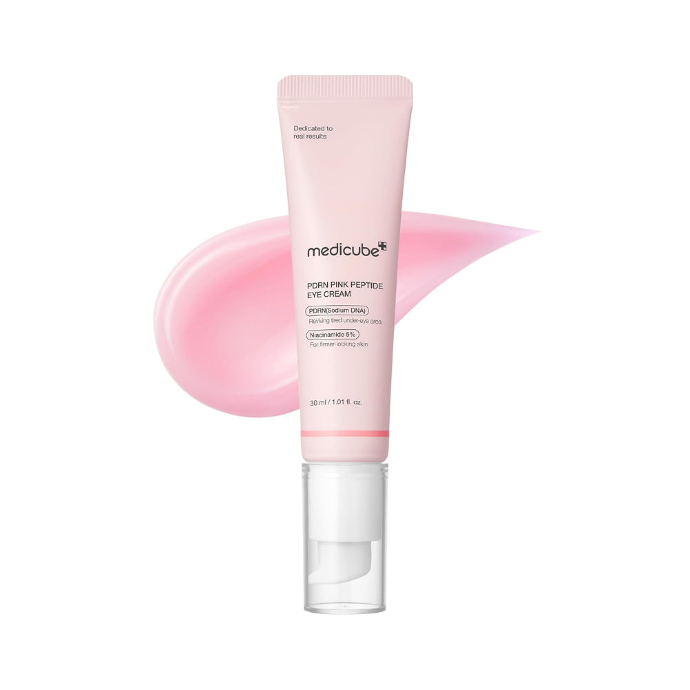 Medicube PDRN Pink Peptide Eye Cream in a 30ml jar, featuring a pink lid and smooth cream texture for eye skin care.