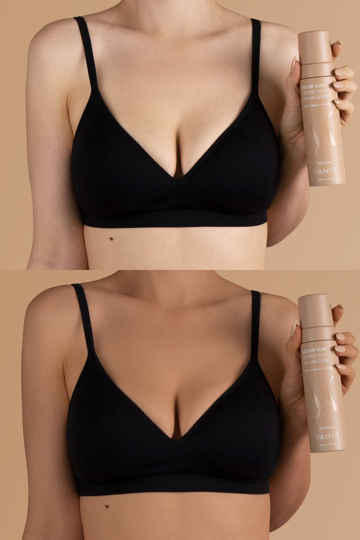 VANI-T Liquid Sun Express Self Tan Mousse in medium shade, showing the foam texture in a clear bottle with a pump dispenser.