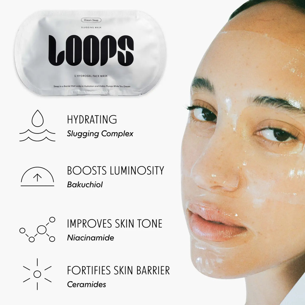 LOOPS Dream Sleep Slugging Single Sheet Mask lying flat on a white background, showing the sleek packaging and product details.