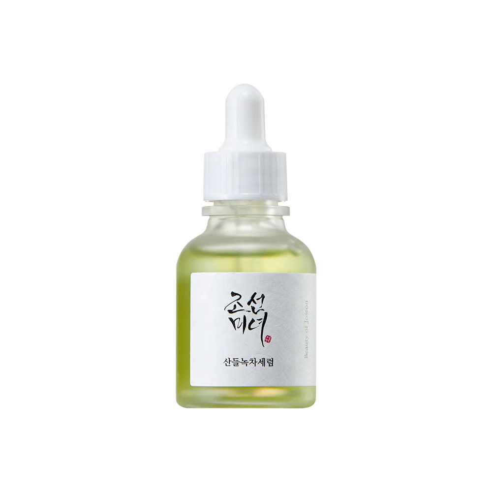 Beauty of Joseon Calming Serum with green tea and panthenol in a 30ml bottle, featuring a clear glass container and green label.