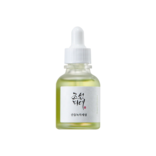 Beauty of Joseon Calming Serum with green tea and panthenol in a 30ml bottle, featuring a clear glass container and green label.