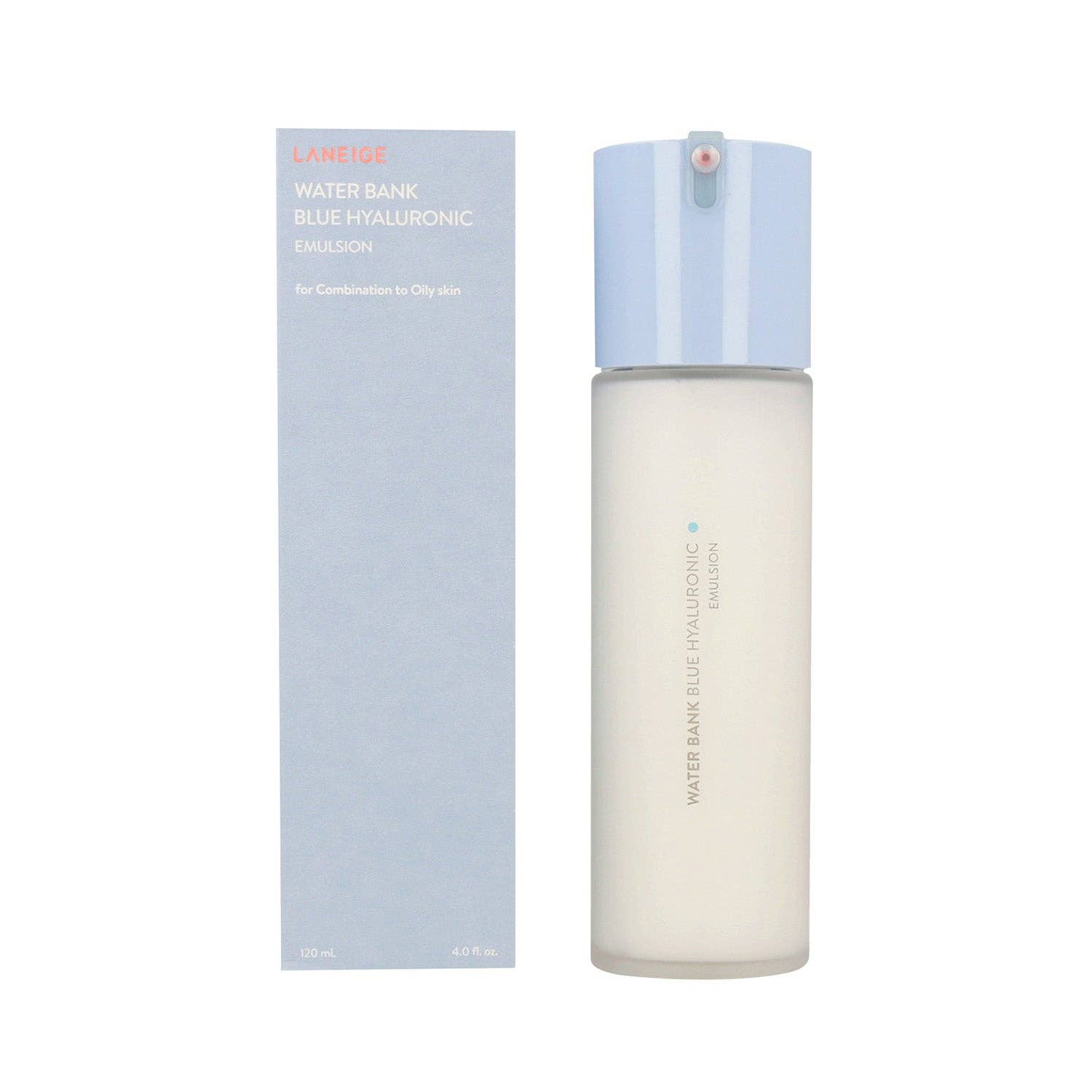 Laneige Water Bank Blue Hyaluronic Emulsion 120ml bottle with a sleek blue and white design, showing the emulsion inside.