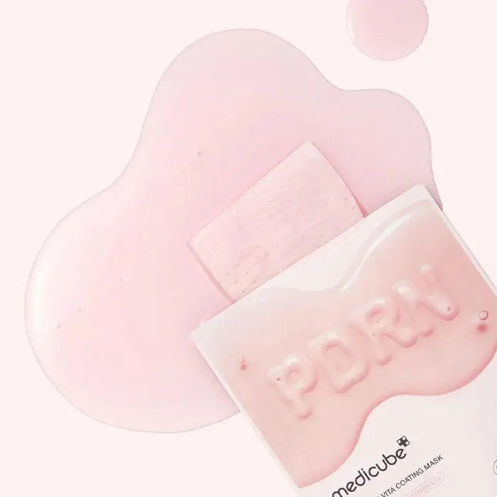 Medicube PDRN Pink Vita Coating Mask showing a close-up of the pink sheet mask with branding and packaging details.