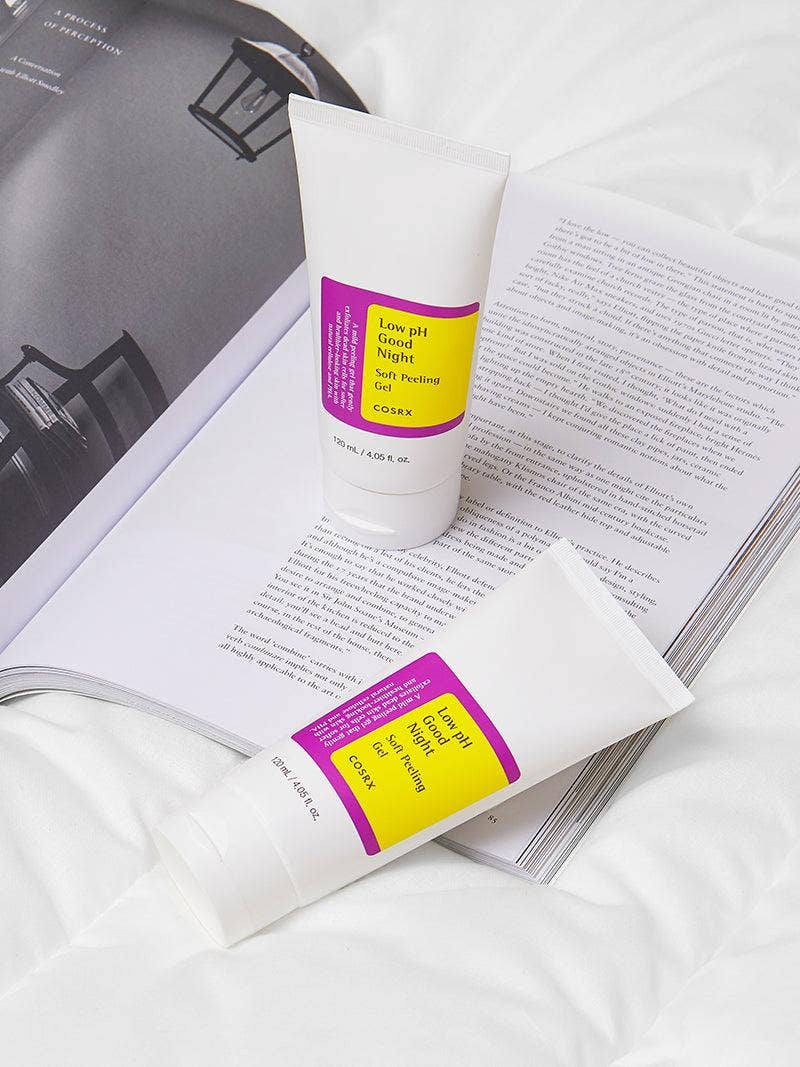 Cosrx Low pH Good Night Soft Peeling Gel 120ml, showing the gel texture and packaging with a soft pink and white design.