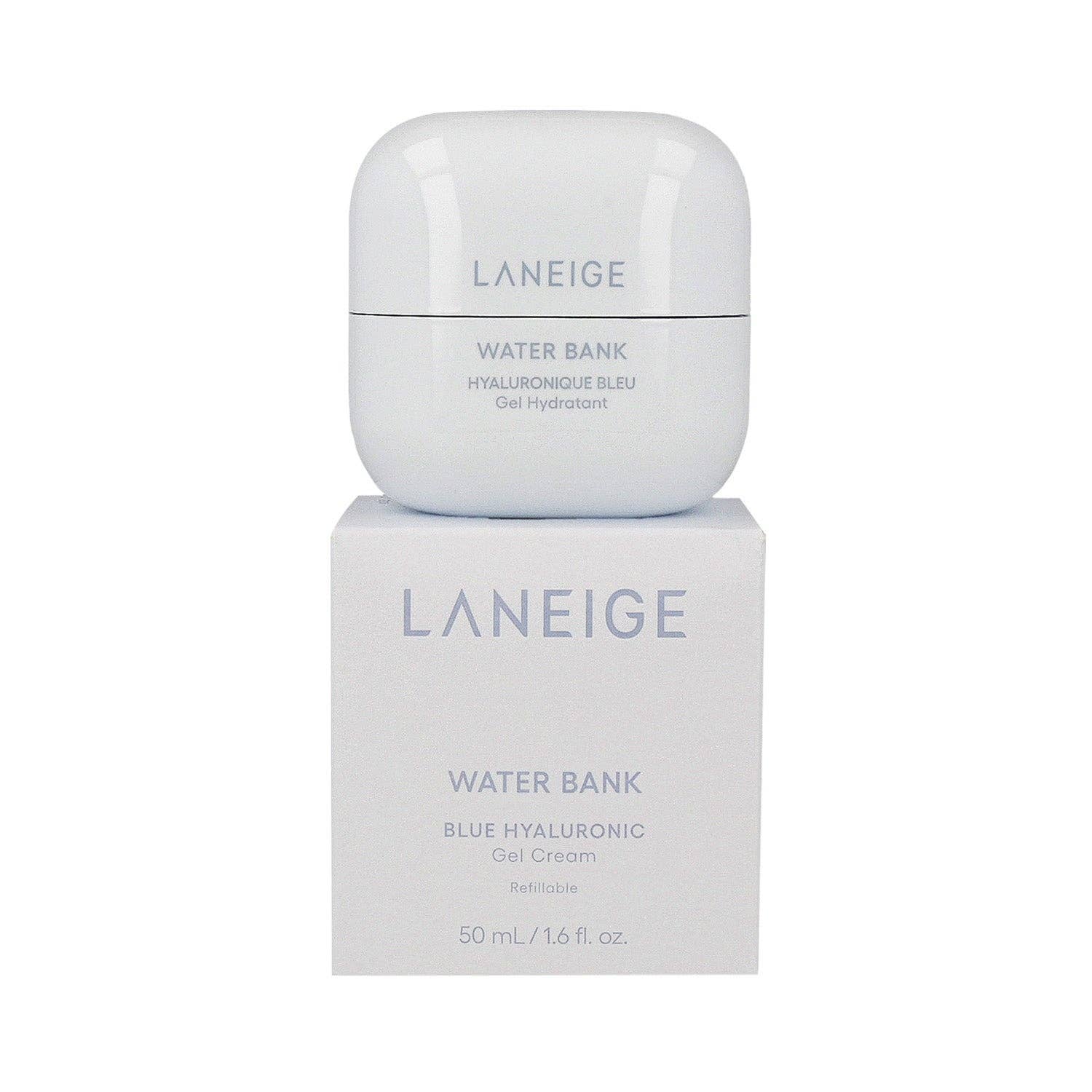 Laneige Water Bank Blue Hyaluronic Gel Cream jar showing the blue-tinted gel cream and product label on the container.