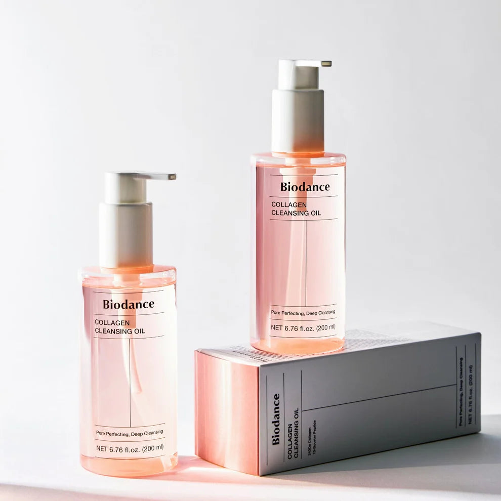 Biodance Collagen Cleansing Oil 200ml bottle with pump dispenser, clear liquid, and label showing collagen skincare benefits.