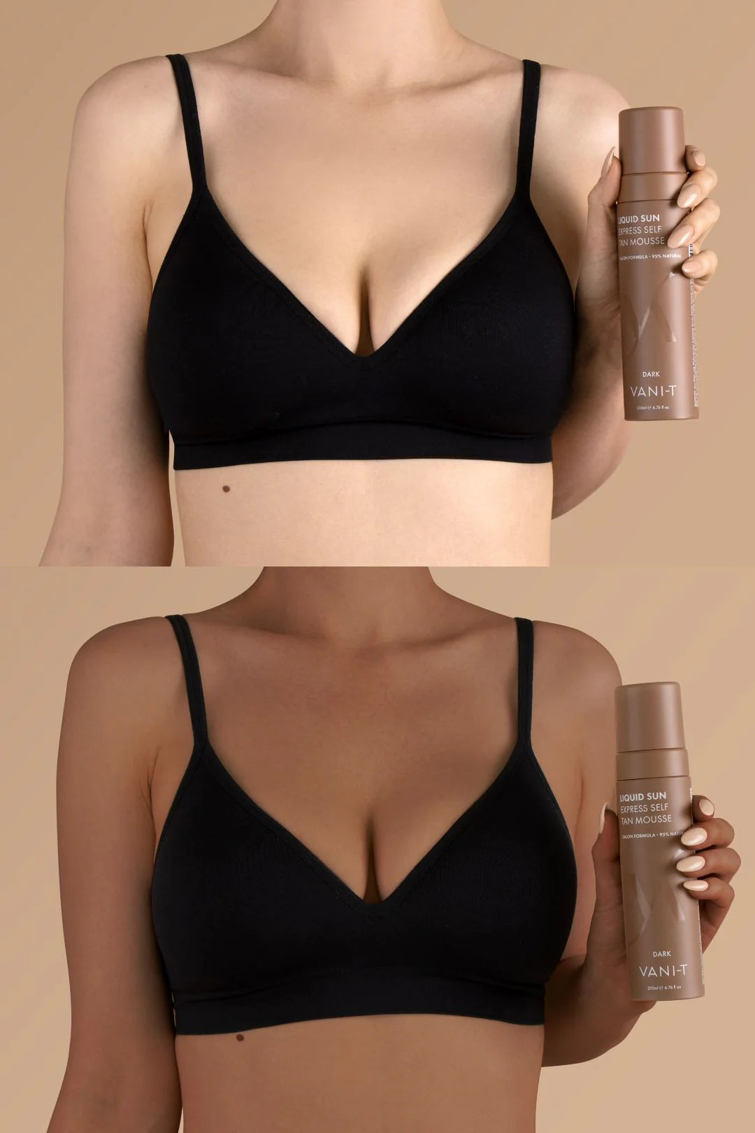 VANI-T Liquid Sun Express Self Tan Mousse in dark shade, creamy tan formula with a smooth application and even color.