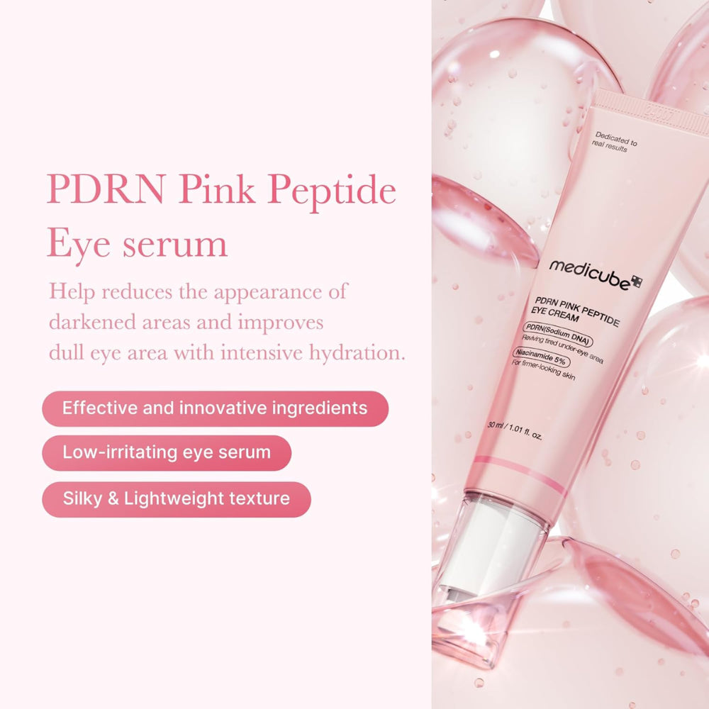 Medcube PDRN Pink Peptide Eye Cream in a 30ml jar, featuring pink packaging and a smooth, creamy texture for eye skincare.