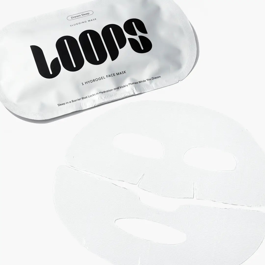 LOOPS Dream Sleep Slugging Single Sheet Mask lying flat, white sheet mask designed for deep hydration and skin barrier protection.