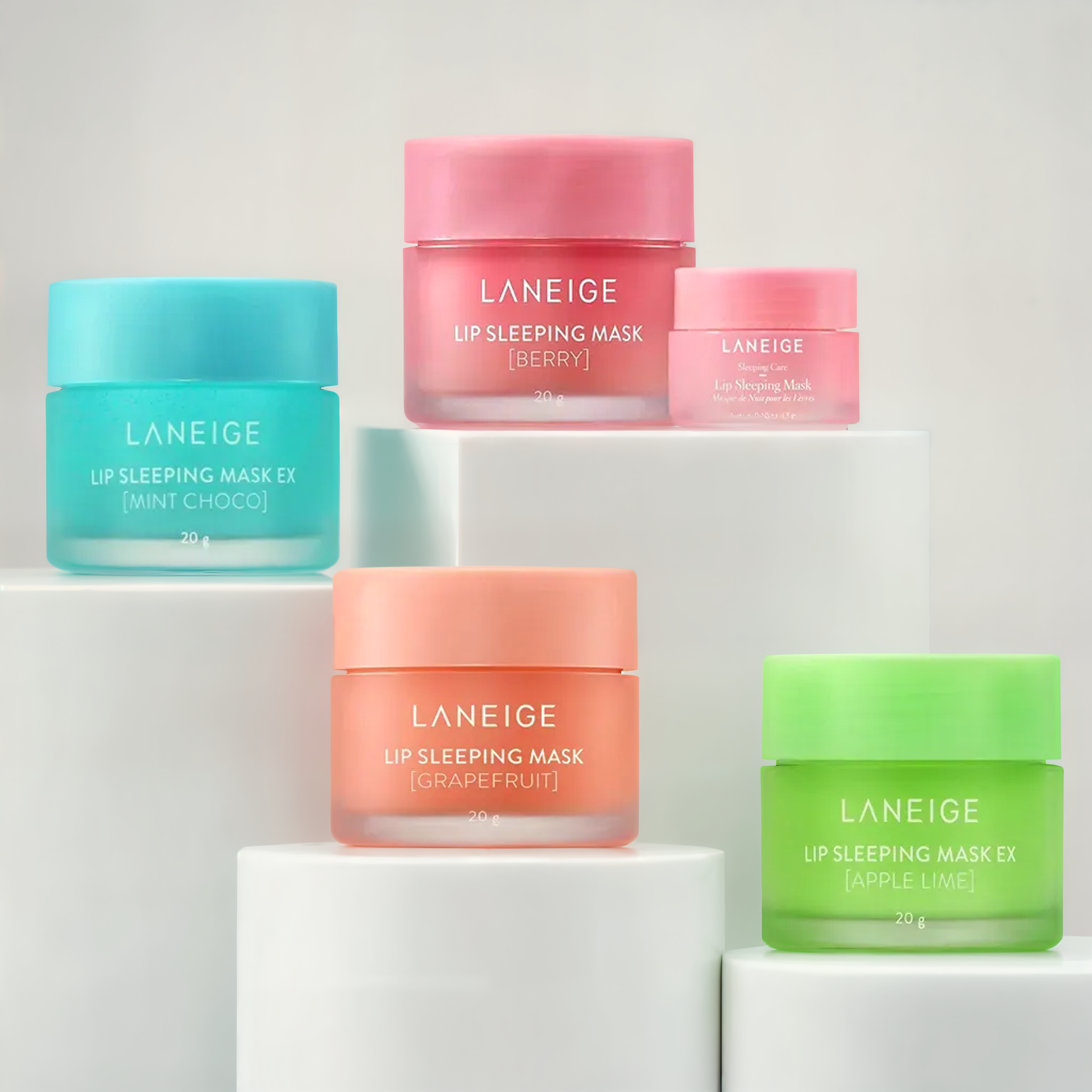 Laneige Lip Sleeping Mask with Vitamin C and grapefruit flavor, showing the jar and fresh grapefruit slices.