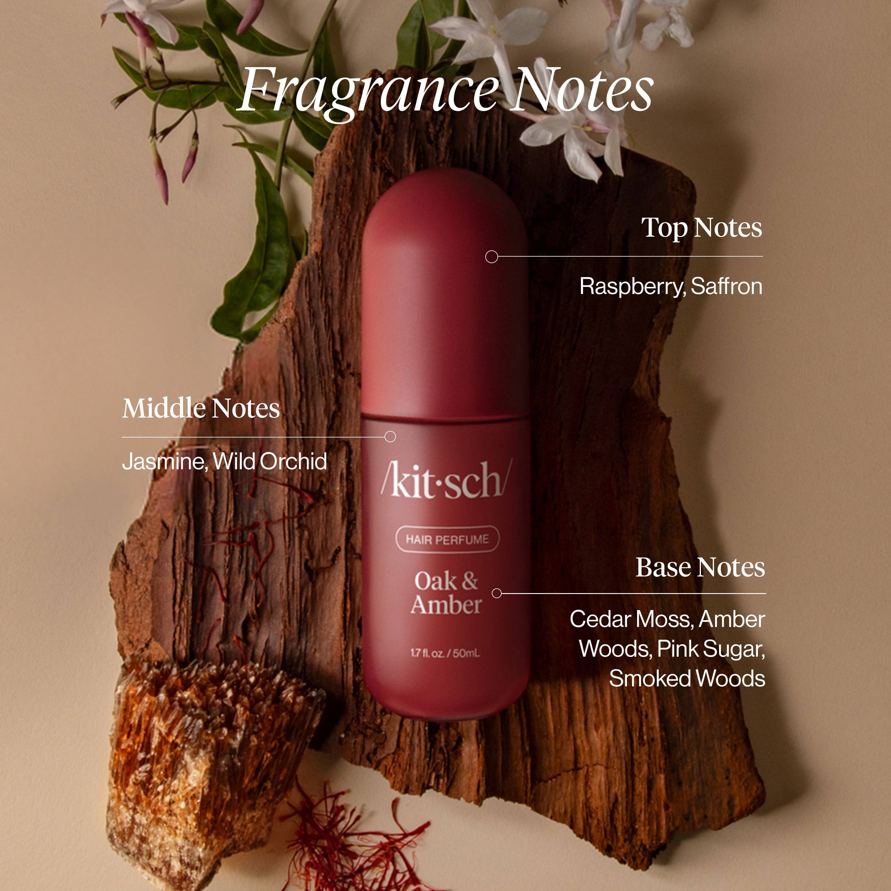 KITSCH Oak & Amber Hair Perfume bottle with amber-colored liquid and minimalist label on a white background.