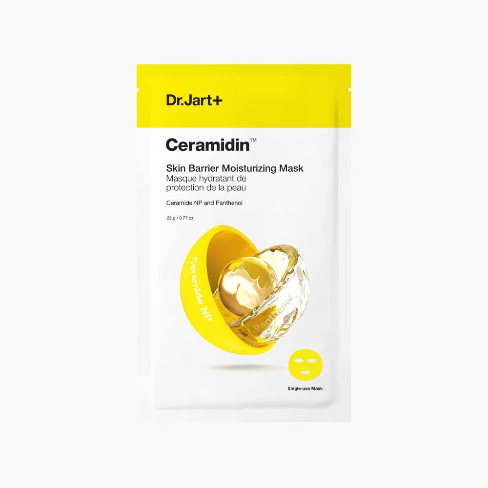 DR.JART+ Ceramidin skin barrier moisturizing face mask applied on clean face, showcasing the hydrating skincare treatment.