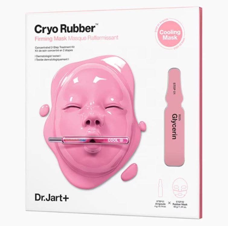 DR.JART+ Cryo Rubber Mask with firming collagen, showing a close-up of the cooling rubber mask applied to the face.