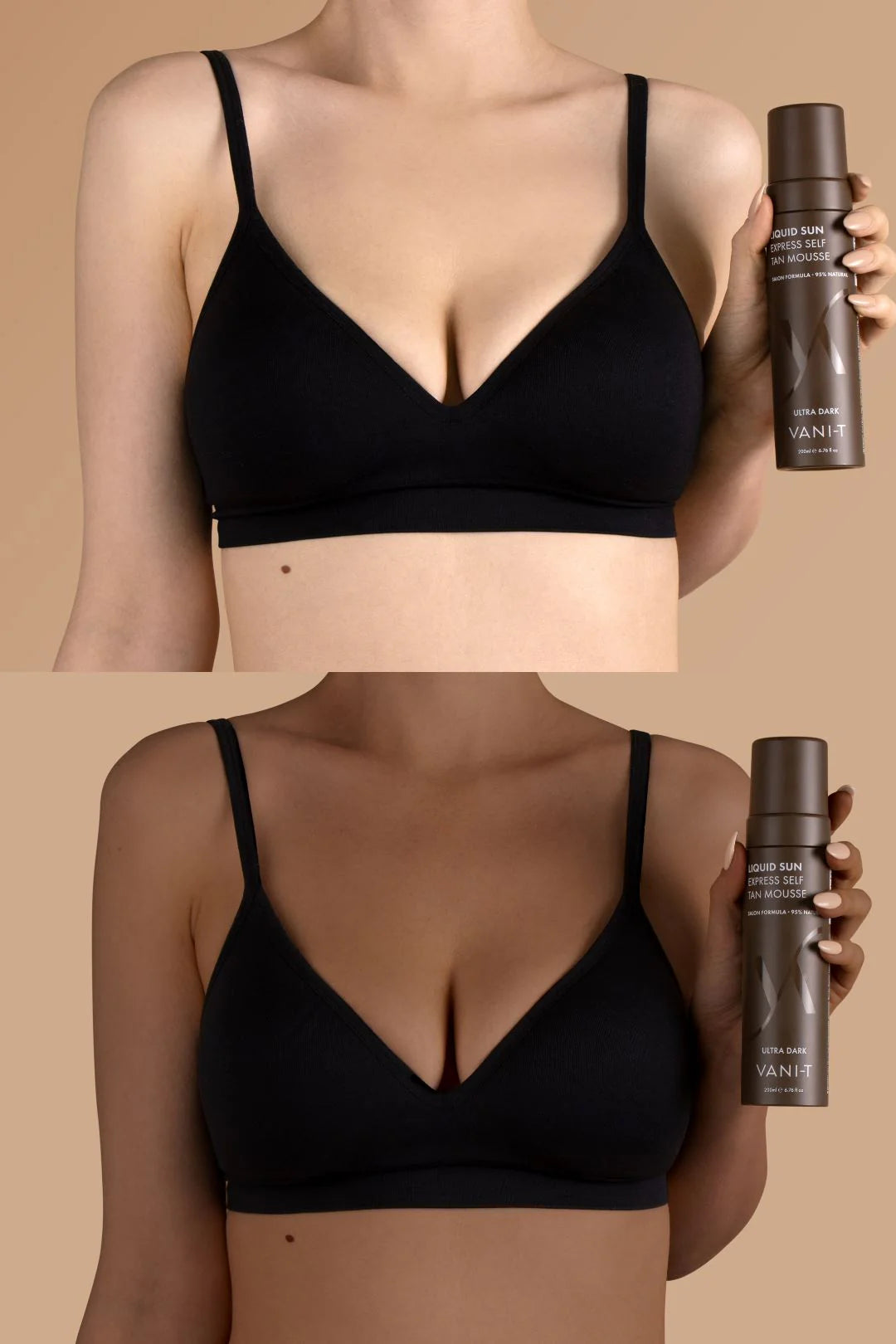 VANI-T Liquid Sun Express Self Tan Mousse in Ultra Dark, smooth brown self-tanner with a foamy texture for a natural glow.