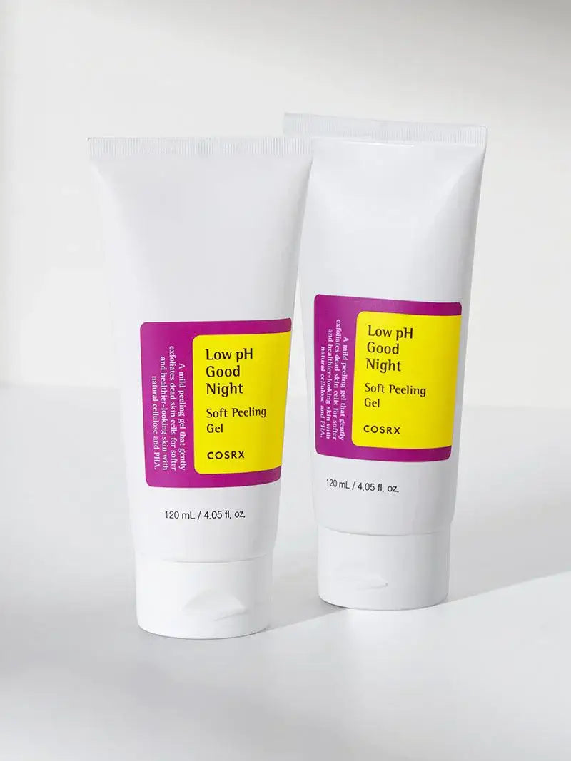 Cosrx Low pH Good Night Soft Peeling Gel in a 120ml tube, showcasing its gentle exfoliating formula for smooth skin.