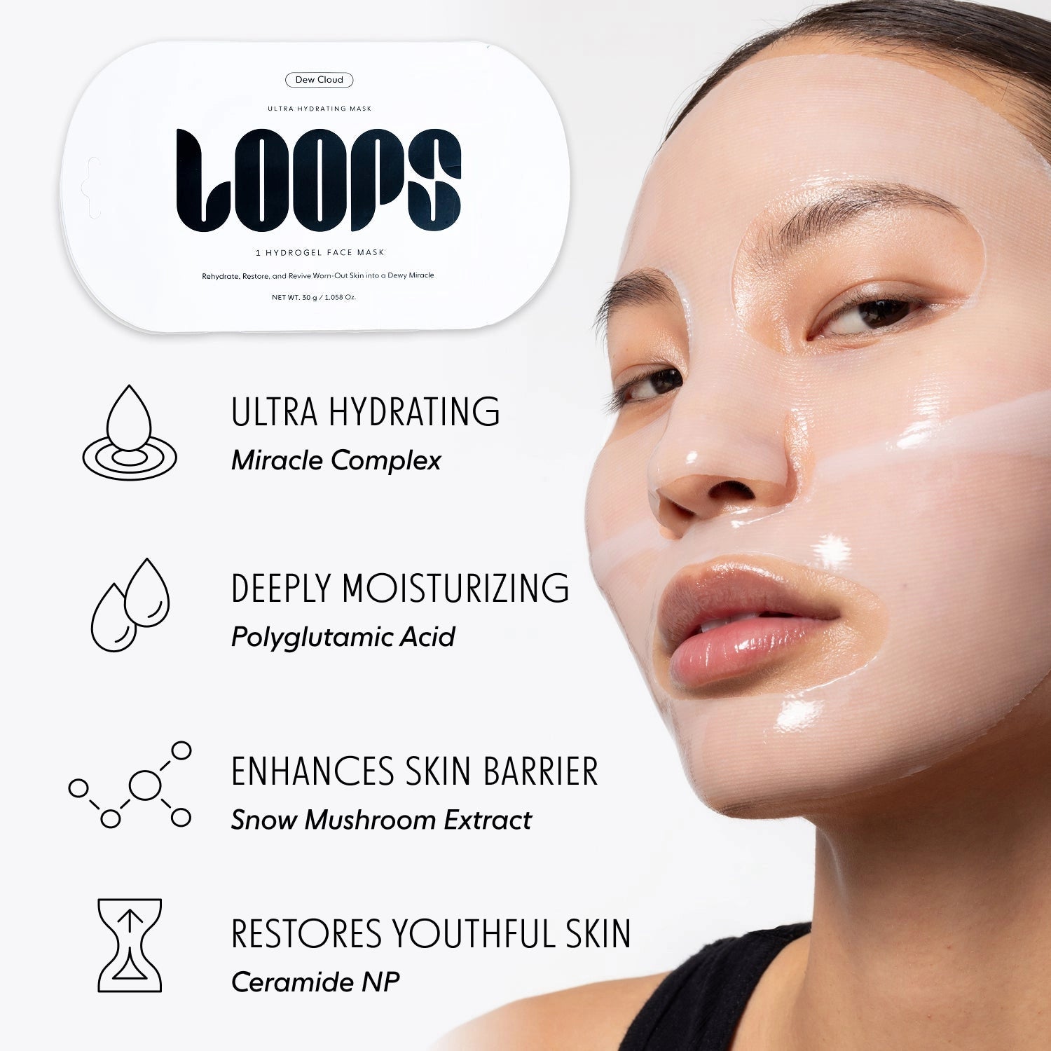 LOOPS Dew Cloud Ultra Hydrating Mask in a sleek jar, featuring a smooth, creamy texture for deep skin hydration and soothing care.