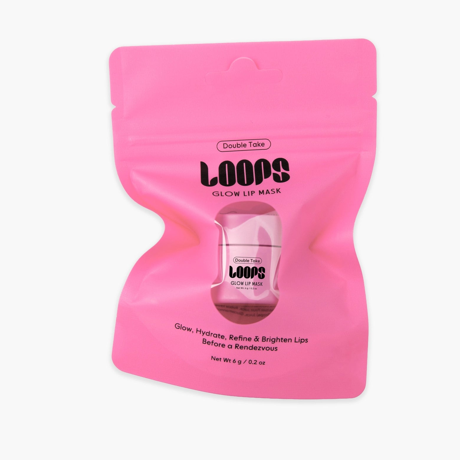 LOOPS Double Take Mini Lip Mask in a small jar with a pink and white label, showcasing the lip mask product.