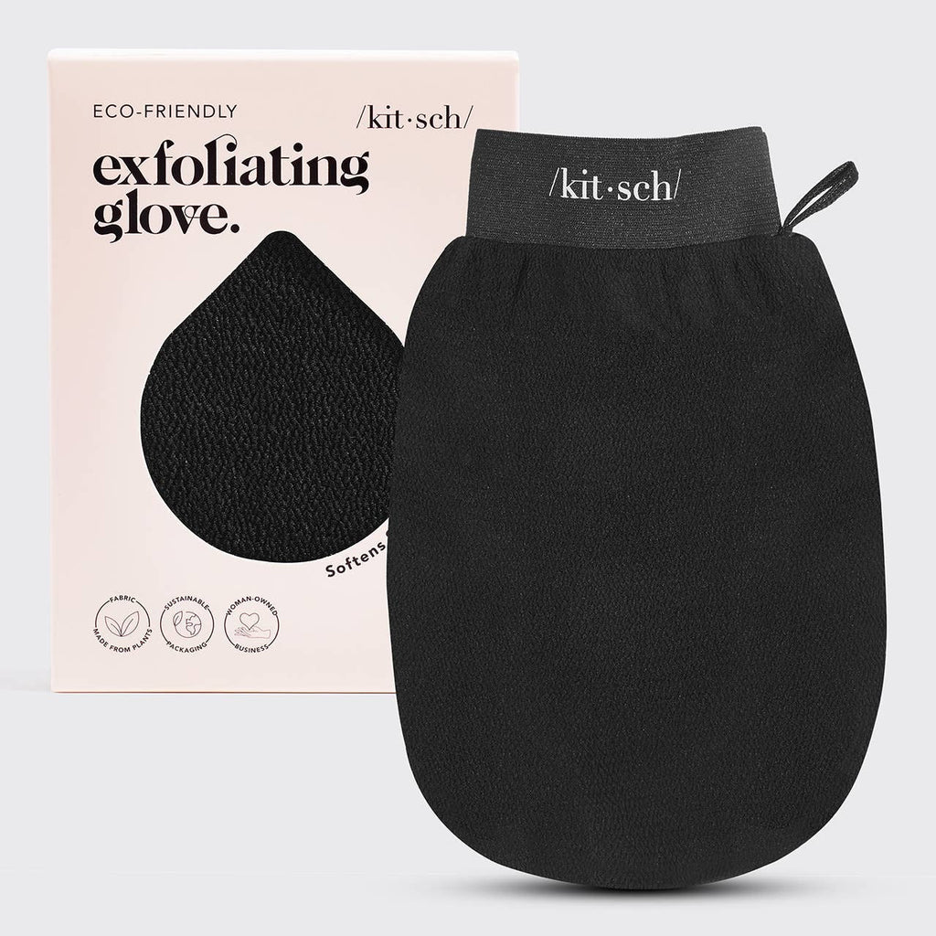 Black exfoliating glove by KITSCH, showing textured surface for gentle skin exfoliation on the hand.