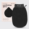 Black exfoliating glove by KITSCH, showing textured surface for gentle skin exfoliation on the hand.