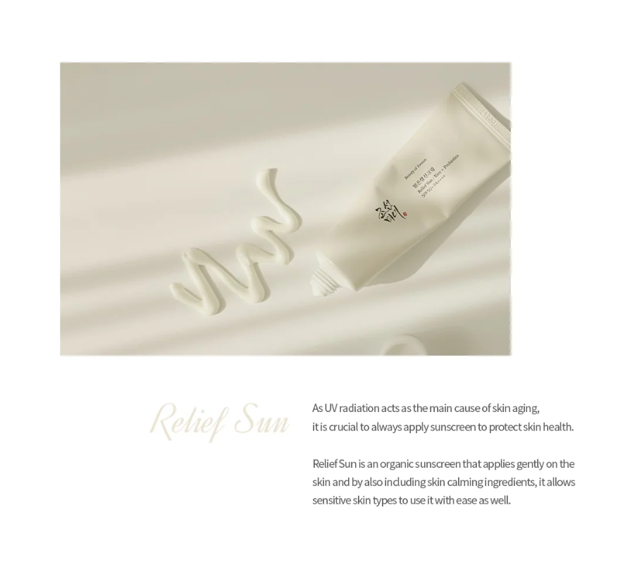 Beauty of Joseon Relief Sun Rice SPF50+ PA+++ sunscreen in a tube with rice extract and probiotics for sun protection.