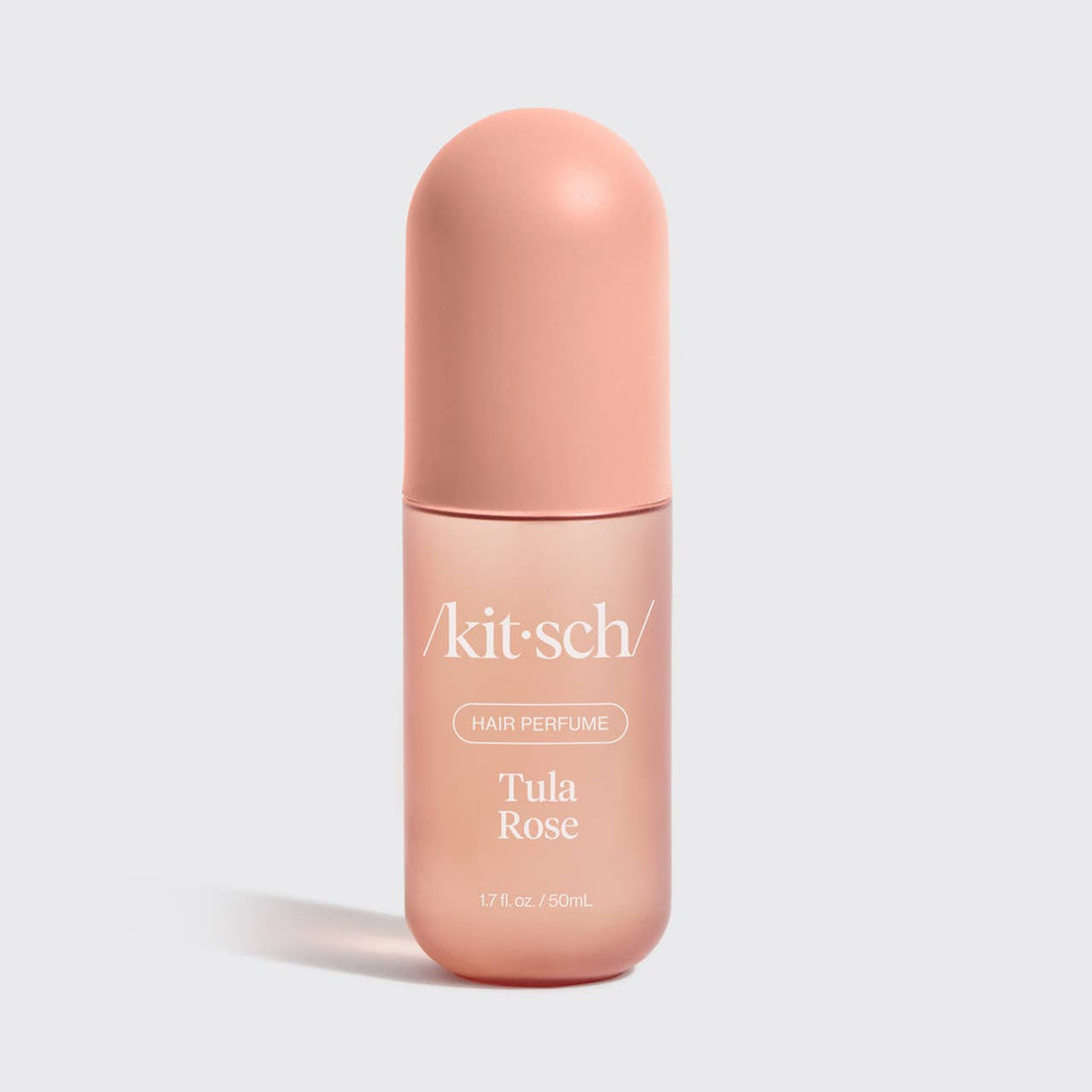 KITSCH Tula Rose Hair Perfume bottle with floral design and rose scent, displayed on a neutral background.