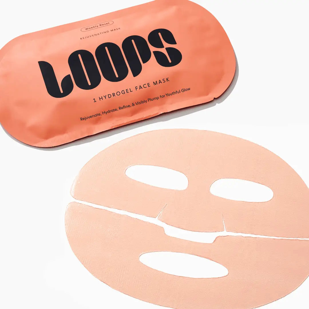 LOOPS Weekly Reset Rejuvenating single sheet mask shown on a skincare product display, emphasizing its rejuvenating skincare benefits.