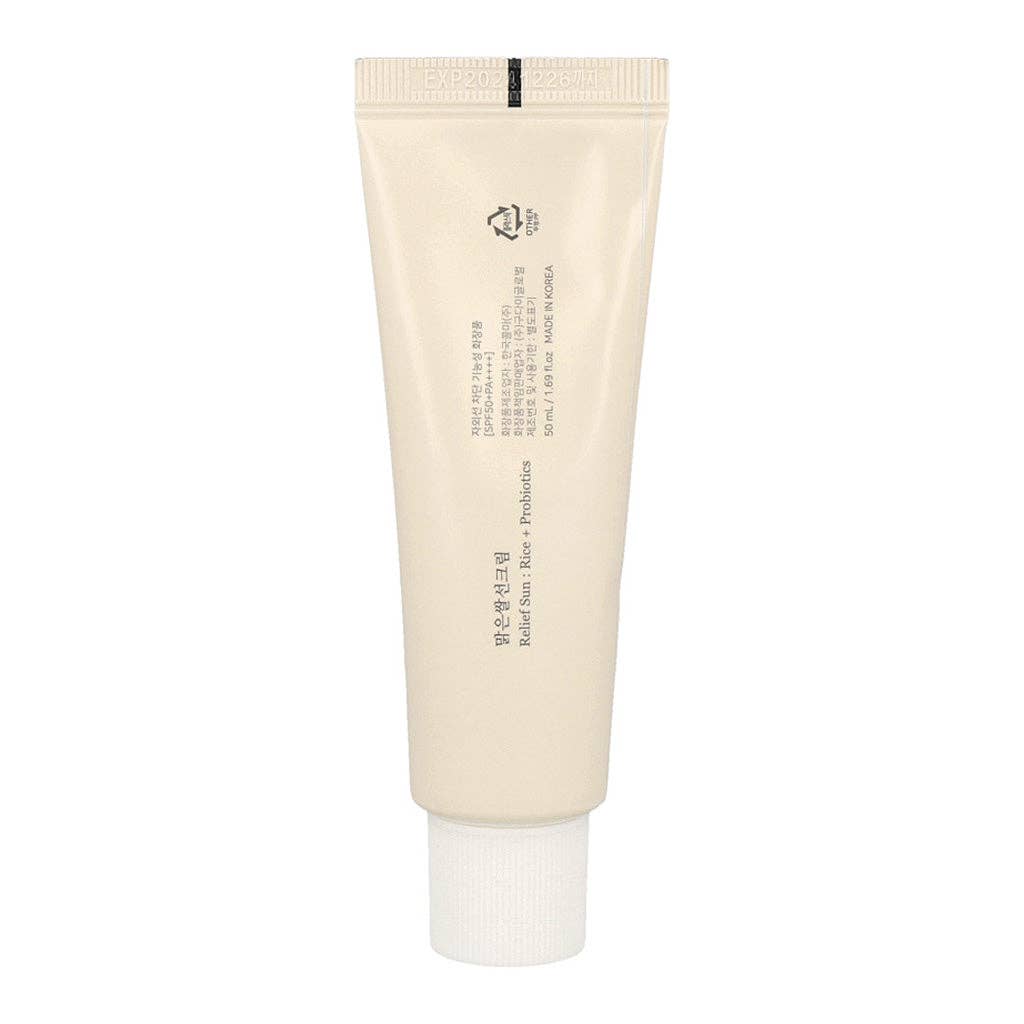 Beauty of Joseon Relief Sun Rice + Probiotics SPF50+ PA+++ sunscreen in a white tube with a pink cap, displayed on a plain background.
