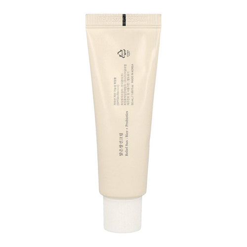 Beauty of Joseon Relief Sun Rice + Probiotics SPF50+ PA+++ sunscreen in a white tube with a pink cap, displayed on a plain background.