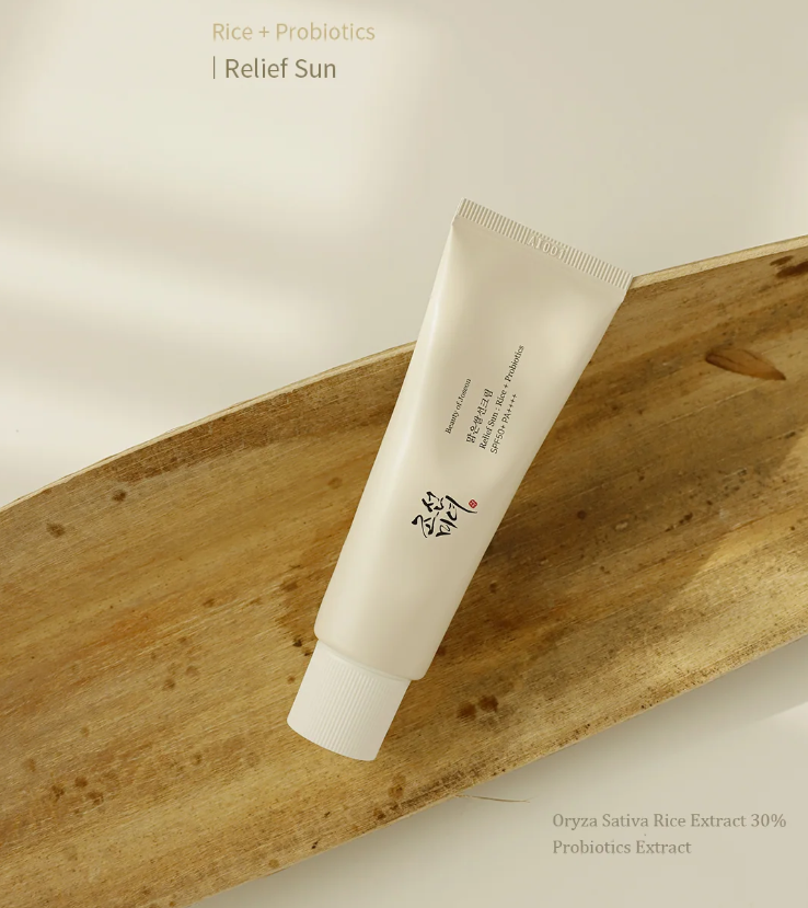 Beauty of Joseon Relief Sun Rice + Probiotics SPF50+ PA+++ sunscreen in a tube with rice extract and probiotic ingredients.
