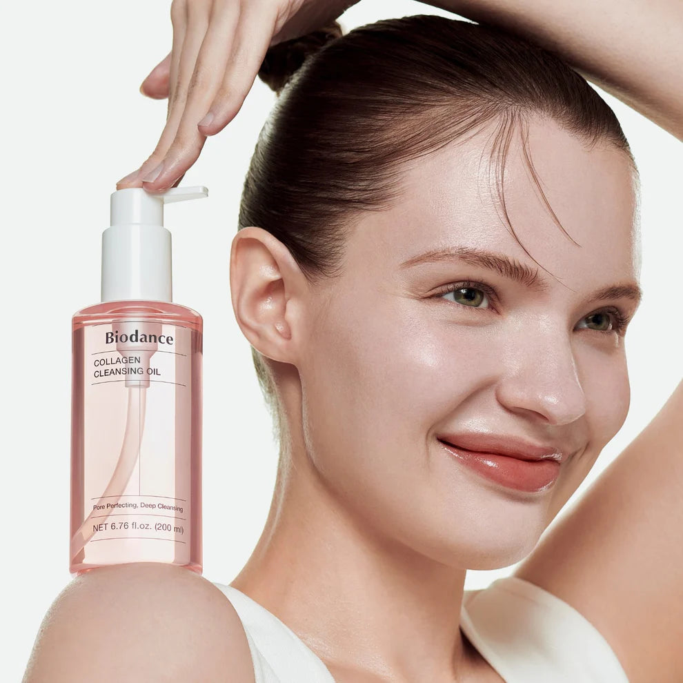 Biodance Collagen Cleansing Oil 200ml bottle with pump dispenser, clear liquid, and minimalist label design.