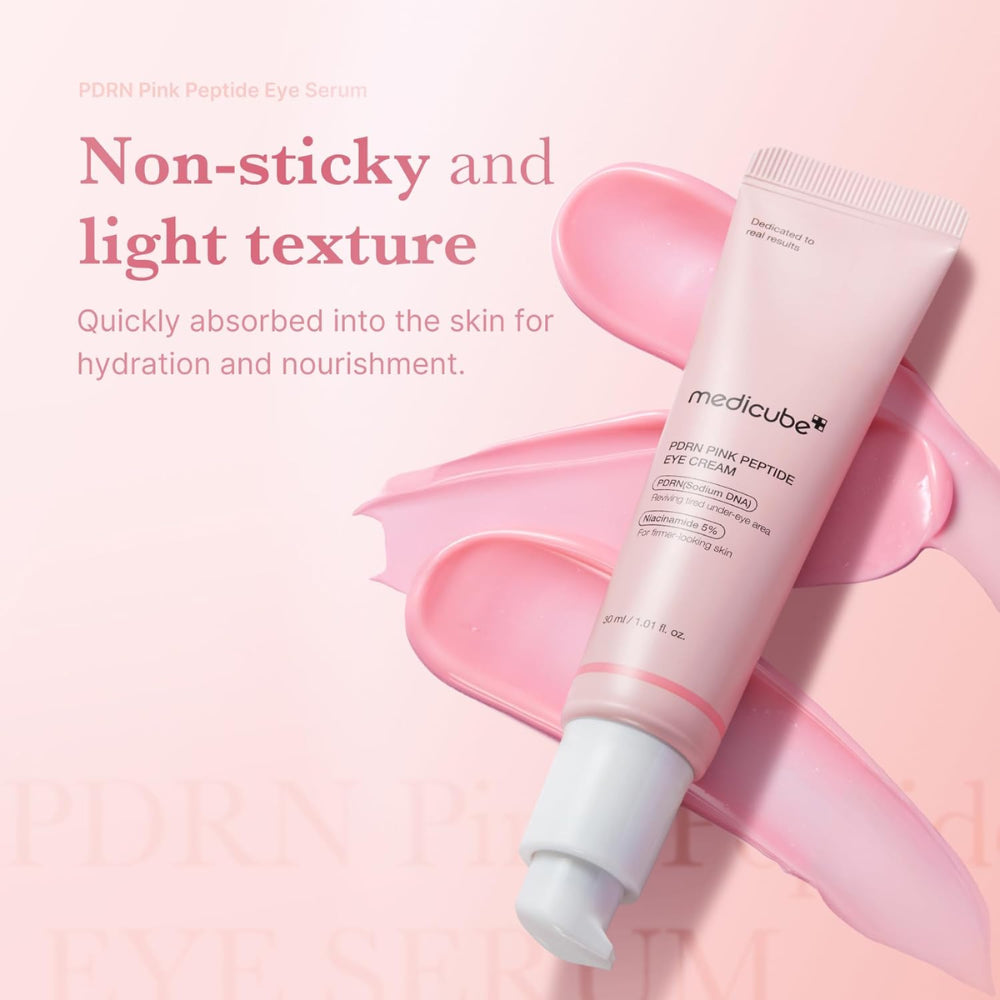 Medicube PDRN Pink Peptide Eye Cream in a 30ml jar, featuring a pink-tinted skincare formula for eye area rejuvenation.
