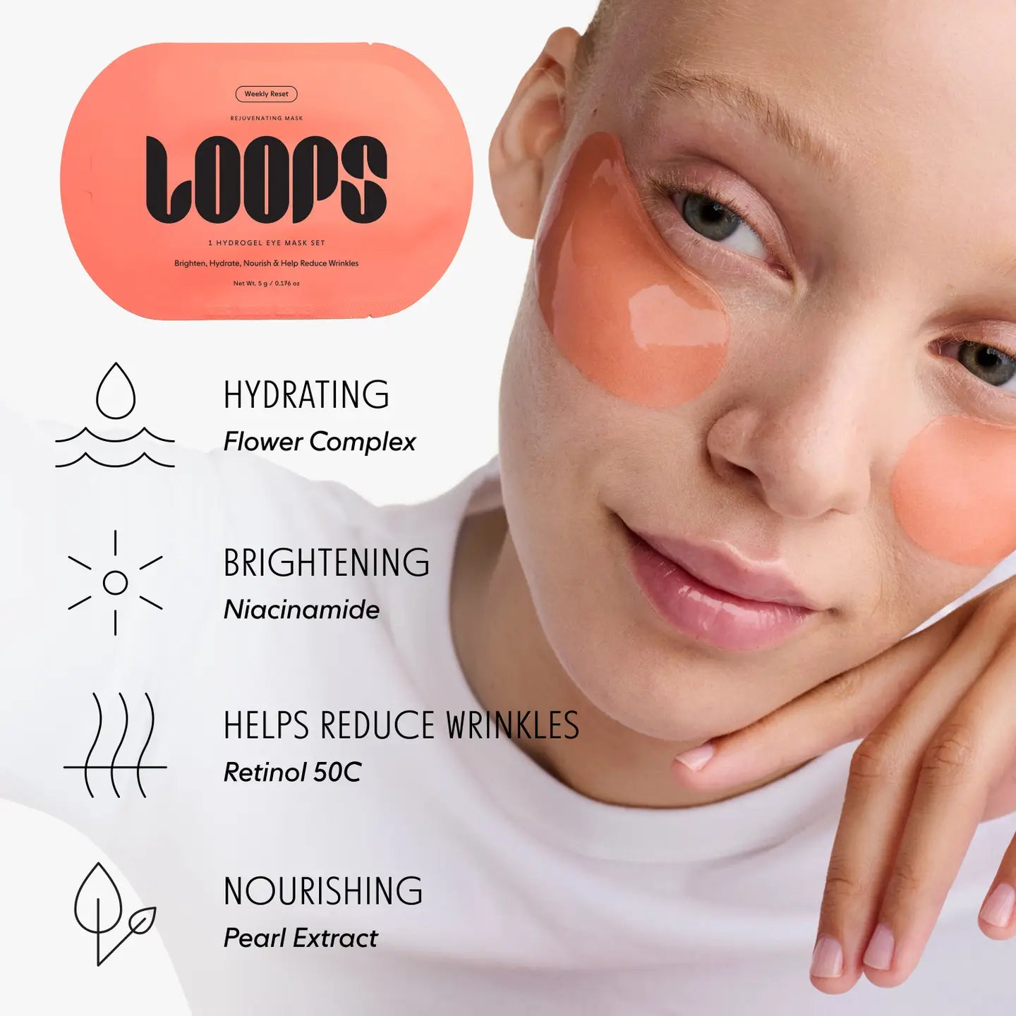 LOOPS Weekly Reset Rejuvenating Hydrogel Eye Mask with cooling gel under-eye patches for refreshed, revitalized skin.