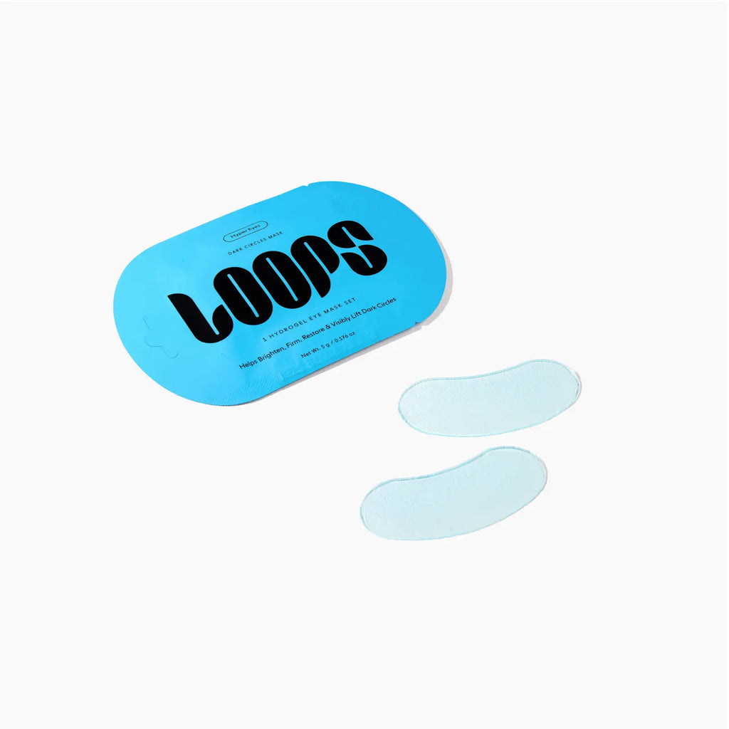 LOOPS Hyper Eyes Dark Spot Hydrogel Eye Mask with cooling gel patches for brightening and reducing dark circles under the eyes.