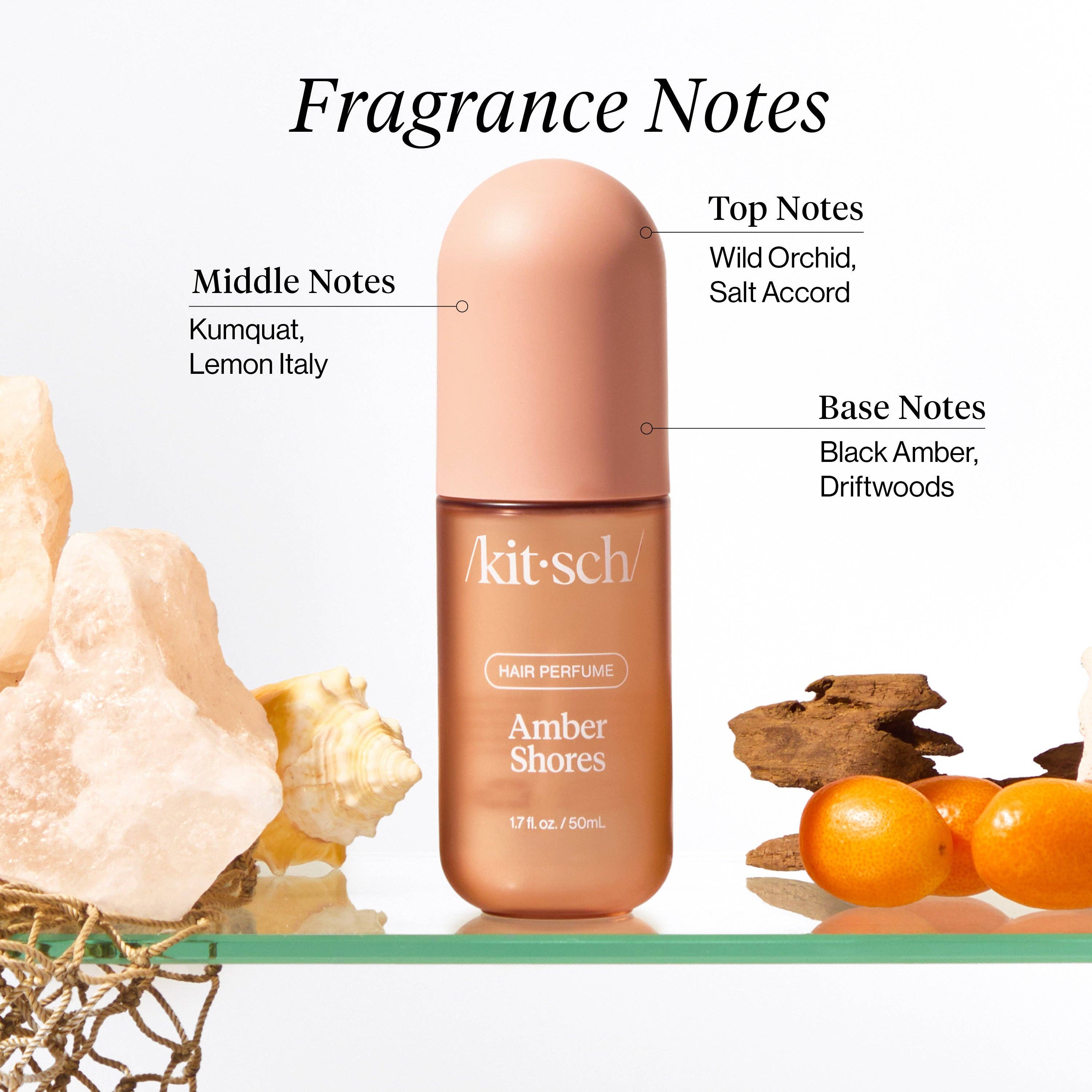 KITSCH Amber Shores Hair Perfume bottle with amber-colored liquid and elegant packaging on a neutral background