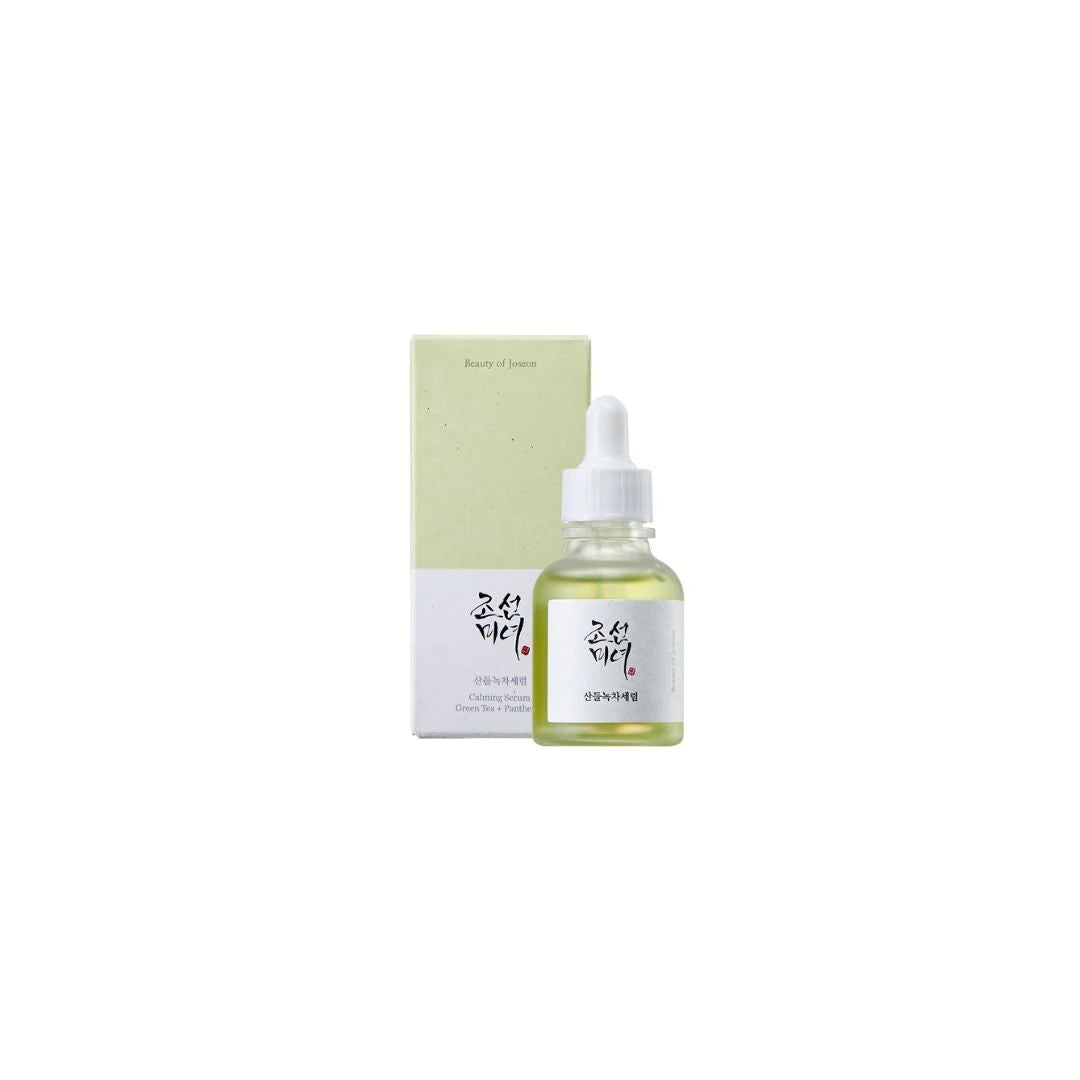 Beauty of Joseon Calming Serum with green tea and panthenol in 30ml bottle, featuring a green and white packaging design