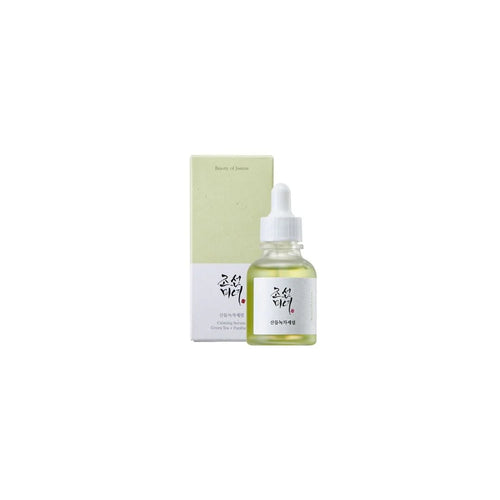 Beauty of Joseon Calming Serum with green tea and panthenol in 30ml bottle, featuring a green and white packaging design
