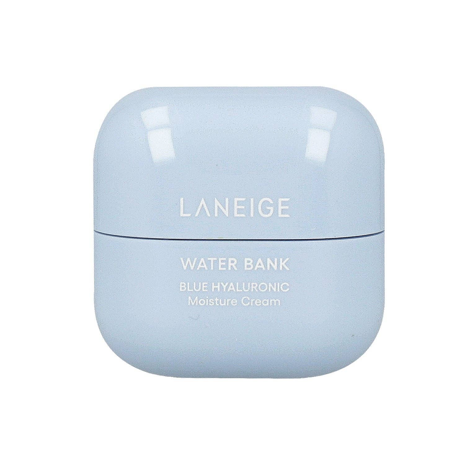 Laneige Water Bank Blue Hyaluronic Moisture Cream jar with blue and white packaging, showing the product label and lid.