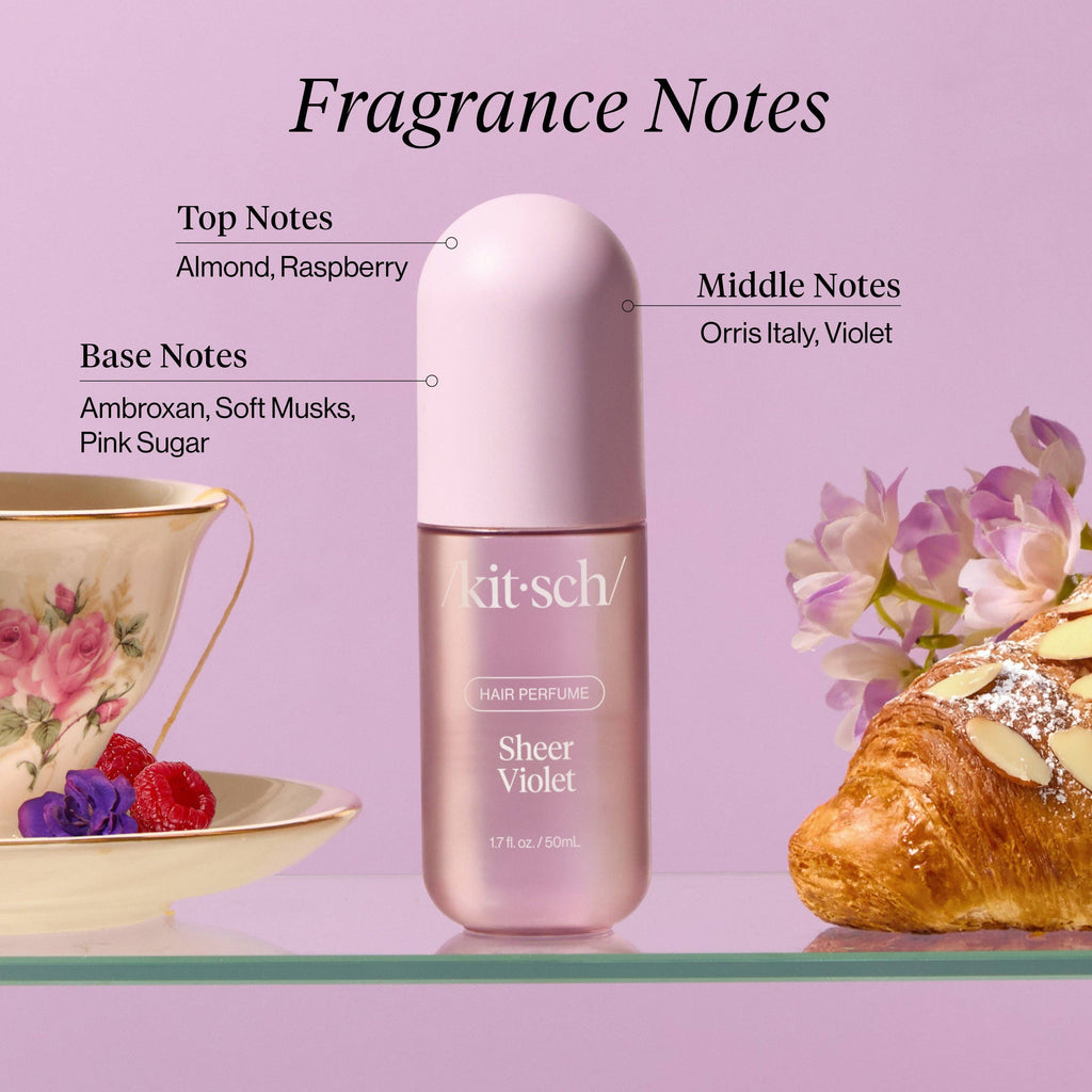 KITSCH Sheer Violet Hair Perfume bottle with a clear glass design and purple accents, placed on a neutral surface.