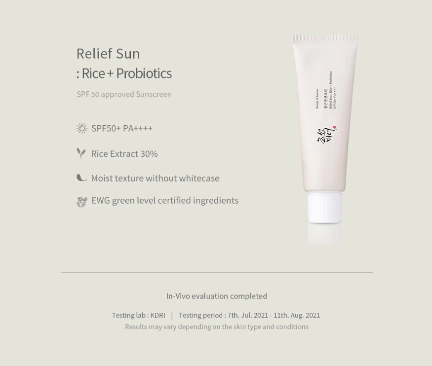 Beauty of Joseon Relief Sun Rice + Probiotics SPF50+ PA+++ sunscreen tube with rice extract and probiotic ingredients.