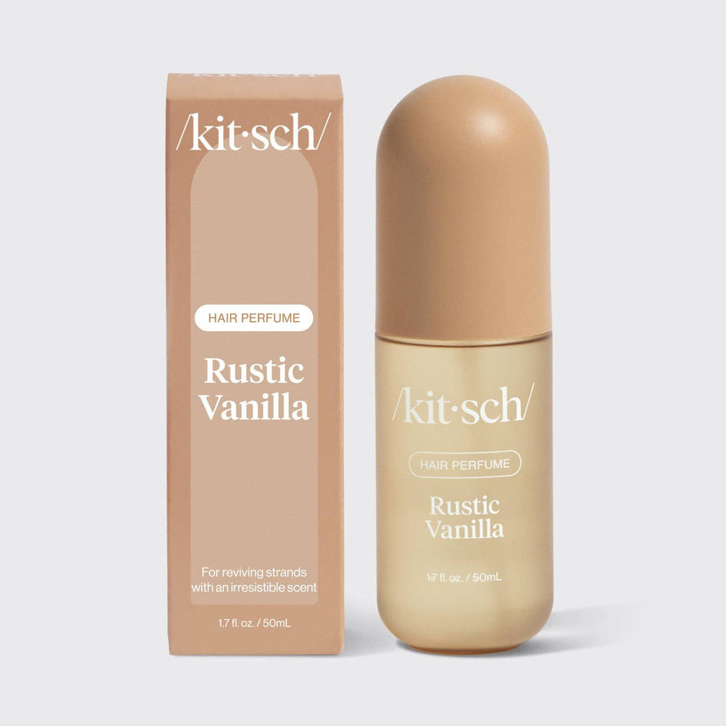KITSCH Rustic Vanilla Hair Perfume bottle with rustic packaging, showcasing a vanilla-scented hair fragrance product.