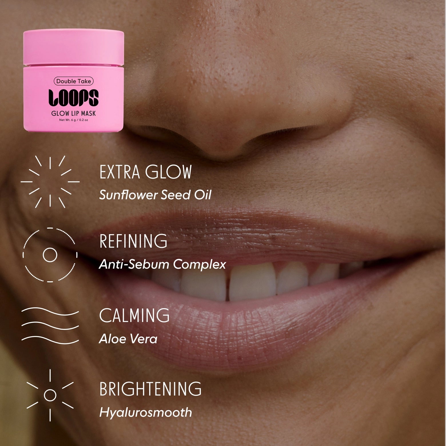 LOOPS Double Take Mini Lip Mask in black packaging, featuring a sleek design and small jar for nourishing lip care.