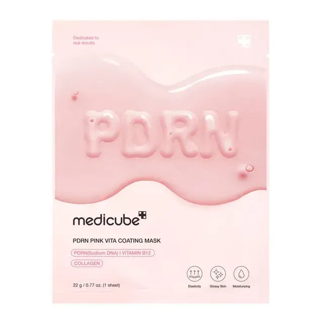 Medicube PDRN Pink Vita Coating Mask shown in a sleek pink packaging with a smooth, glossy finish suitable for skincare.