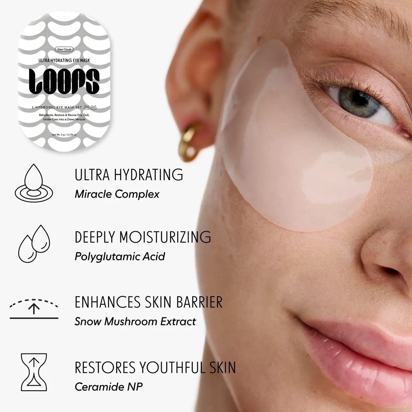 LOOPS Dew Cloud Ultra Hydrating Hydrogel Eye Mask with soothing gel pads for fresh, revitalized under-eye skin