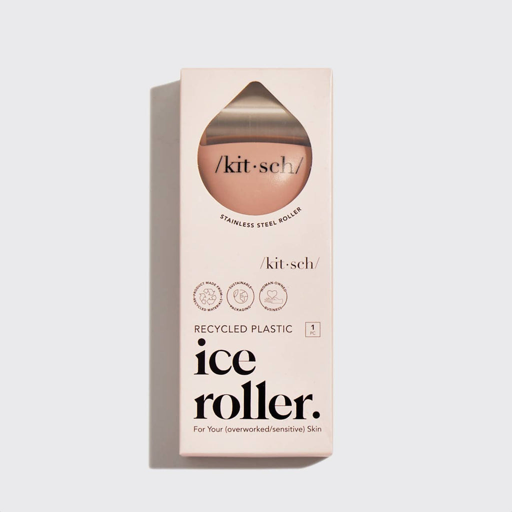 KITSCH ice roller in terracotta color, showing the handheld skincare tool with textured roller for cooling and massaging skin.