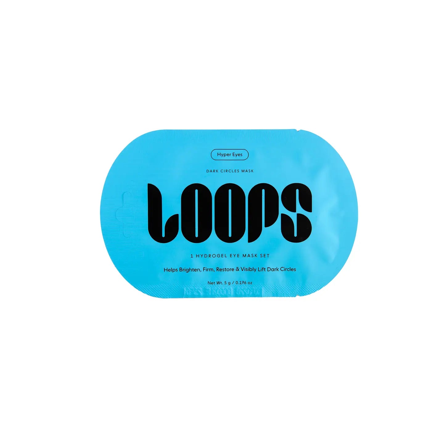LOOPS Hyper Eyes Dark Spot Hydrogel Eye Mask showing dark circles and hydrating gel patches under the eyes.